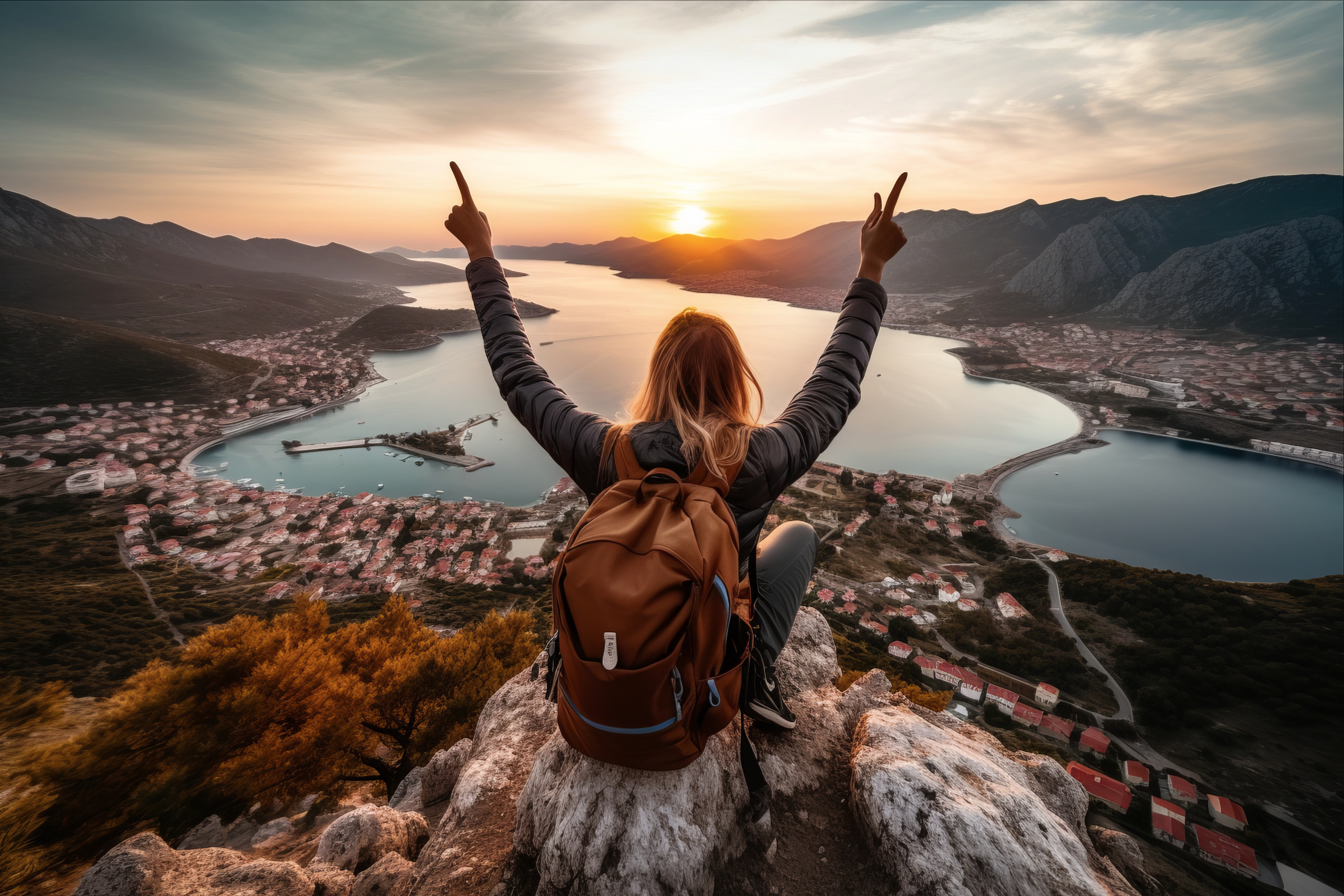 Ragazza in cima a una montagna durante un viaggio, mentre osserva un panorama naturale.